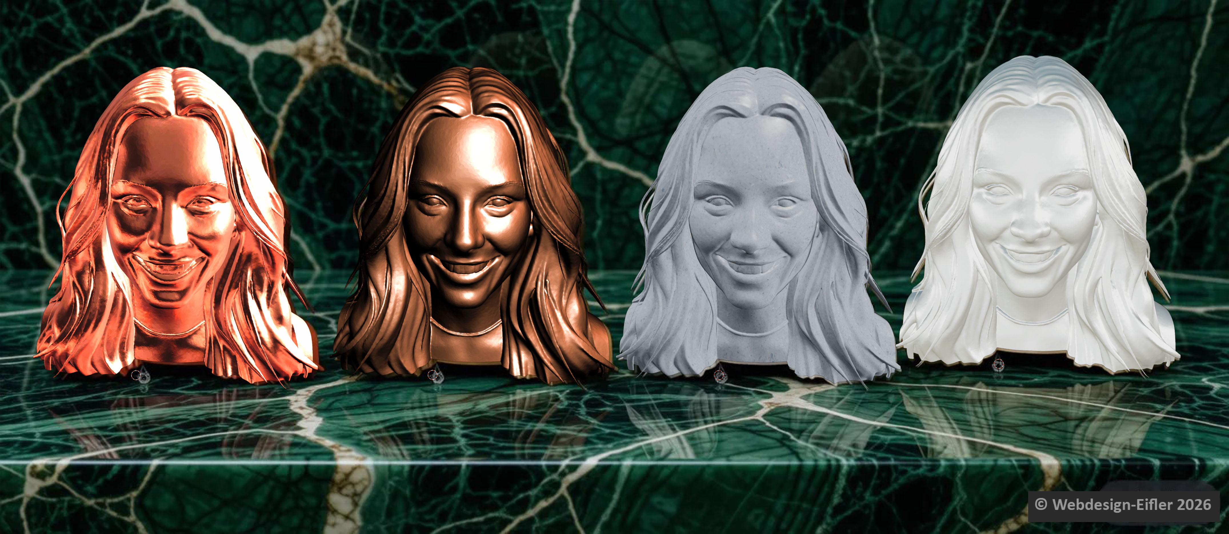 3D Büsten Materialvergleich Kupfer Bronze Gneis Marmor